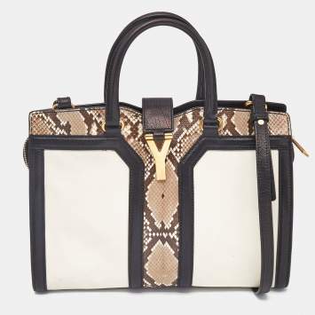 Pre Owned Saint Laurent Black/Beige Leather and Python Small Cabas Chyc Tote
