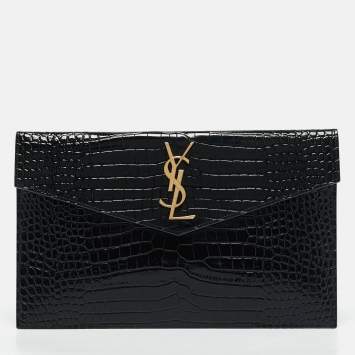 Pre Owned Saint Laurent Black Croc Embossed Leather Uptown Envelope Clutch