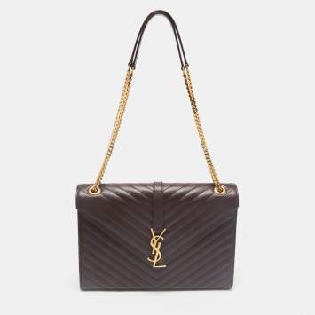 Pre Owned Saint Laurent Burgundy Matelassé Leather Large Monogram Envelope Shoulder Bag