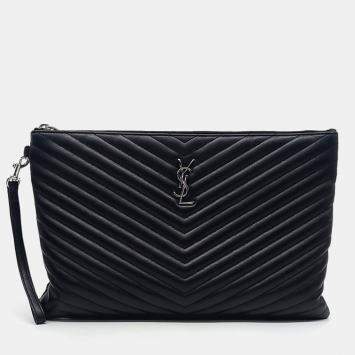 Pre Owned Saint Laurent Paris Black Leather Monogram Clutch
