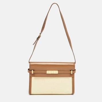Saint Laurent Brown/Natural Raffia and Leather Manhattan Shoulder Bag