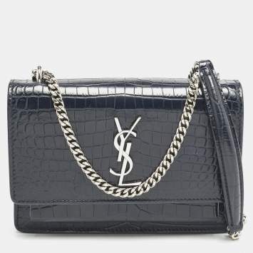 Saint Laurent Navy Blue Croc Embossed Leather Sunset Wallet On Chain