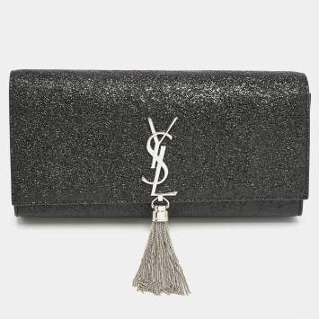 Saint Laurent Black Ceramic Effect Leather Cassandre Tassel Clutch