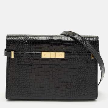Saint Laurent Black Croc Embossed Leather Manhattan Shoulder Bag