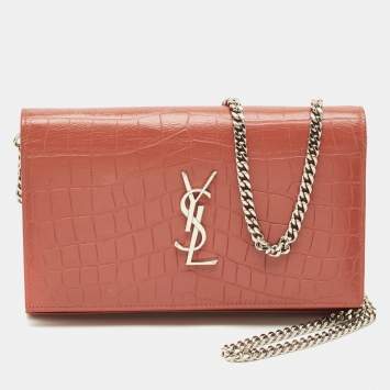 Pre Owned Saint Laurent Pink Croc Embossed Leather Monogram Wallet On Chain