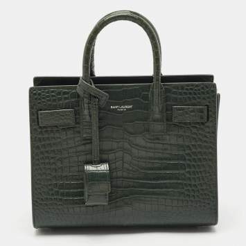 Saint Laurent Dark Green Croc Embossed Leather Nano Classic Sac De Jour Tote
