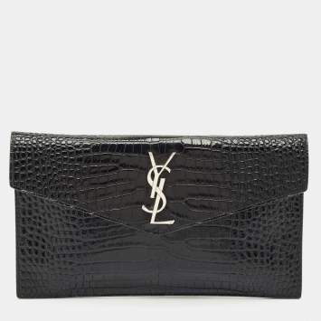 Saint Laurent Black Croc Embossed Leather Uptown Clutch