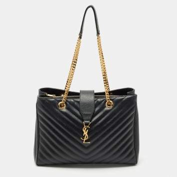 Saint Laurent Black Chevron Leather Cassandre Shopper Tote