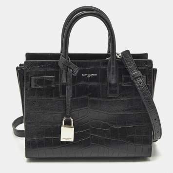 Saint Laurent Black Croc Embossed Leather Nano Classic Sac De Jour Tote