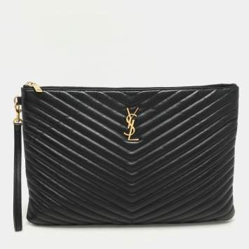 Saint Laurent Black Matelasse Leather Cassandre Wristlet Pouch