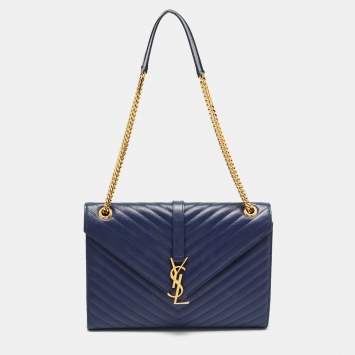 Saint Laurent Blue Matelassé Leather Large Monogram Envelope Shoulder Bag