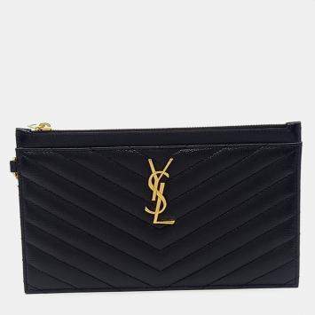 Saint Laurent Paris Black Leather Monogram Bill Clutch