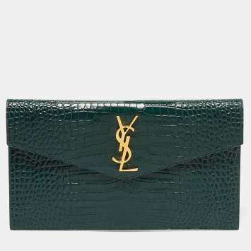 Pre Owned Saint Laurent Dark Green Croc Embossed Leather Uptown Clutch