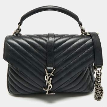 Saint Laurent Black Matelassé Leather Medium College Top Handle Bag