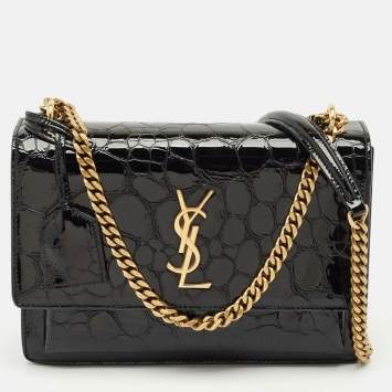 Saint Laurent Black Croc Embossed Patent Leather Medium Sunset Shoulder Bag