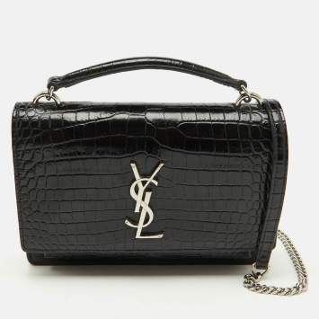 Saint Laurent Black Croc Embossed Leather Sunset Wallet On Chain