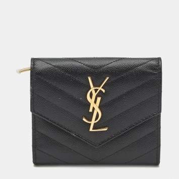 Saint Laurent Black Matelasse Leather Cassandre Trifold Wallet  