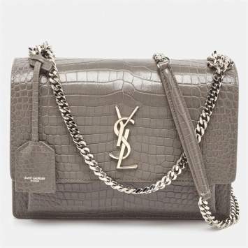 Saint Laurent Grey Croc Embossed Leather Medium Sunset Shoulder Bag