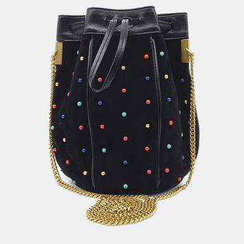 Pre Owned Saint Laurent Paris Black Suede Talita Bucket Chain Crossbody Bag