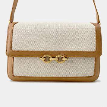 Saint Laurent Paris Le Maillon Beige Ivory Leather Canvas Shoulder Bag