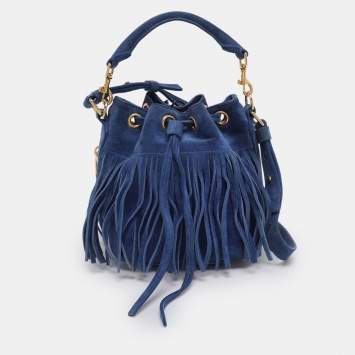 Saint Laurent Navy Blue Suede Emmanuelle Fringe Bucket Bag