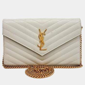 Pre Owned Saint Laurent Paris White Leather Monogram Chain Crossbody Bag