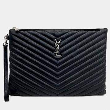 Pre Owned Saint Laurent Paris Black Leather Monogram Clutch New Medium