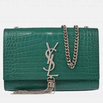 Pre Owned Saint Laurent Green Embossed Leather Kate Shoulder Bag