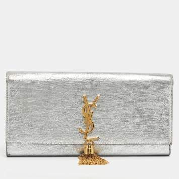 Pre Owned Saint Laurent Silver Leather Kate Tassel Flap Clutch