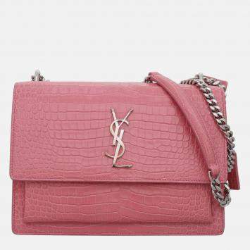 Pre Owned Saint Laurent Paris Croco Embossed Sunset Medium Chain Shoulder Bag