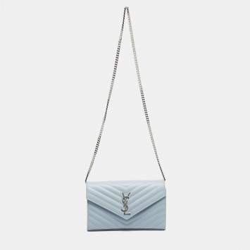 Pre Owned Saint Laurent Blue Matelassé Leather Cassandre Wallet on Chain