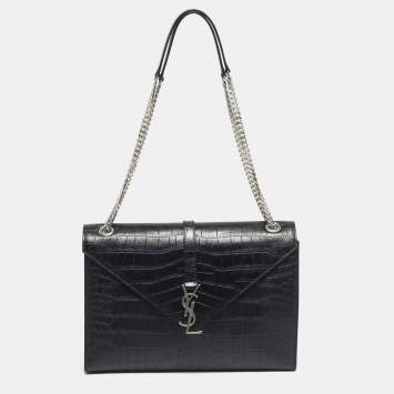 Pre Owned Saint Laurent Black Croc Embossed Leather Large Monogram Envelope Shoulder Bag