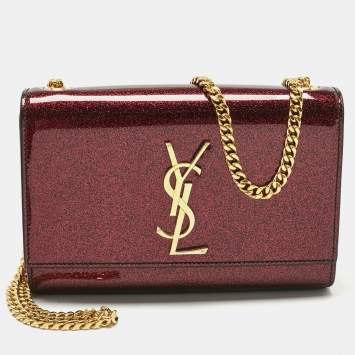Pre Owned Saint Laurent Red Glitter Patent Leather New Small Kate Chain Shoulder Bag