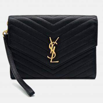 Pre Owned Saint Laurent Paris Black Leather Monogram Envelope Clutch