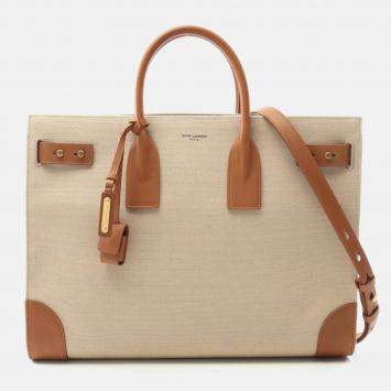 Pre Owned Saint Laurent Sac Du Jour Thin Large Tote Bag Canvas Leather Beige Brown
