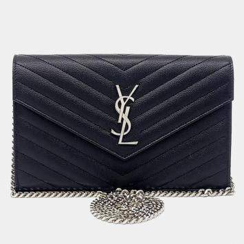 Pre Owned Saint Laurent Paris Black Leather Monogram Chain Crossbody Bag