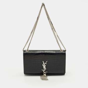 Pre Owned Saint Laurent Black Croc Embossed Leather Medium Kate Tassel Shoulder Bag