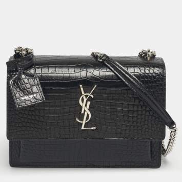 Pre Owned Saint Laurent Black Croc Embossed Leather Medium Sunset Shoulder Bag