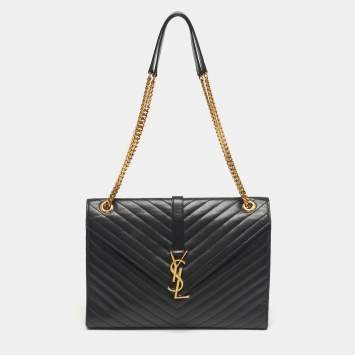 Pre Owned Saint Laurent Black Chevron Leather Large Monogram Envelope Shoulder Bag