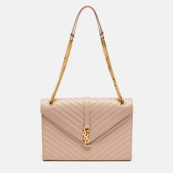 Pre Owned Saint Laurent Pink Chevron Leather Large Monogram Envelope Shoulder Bag