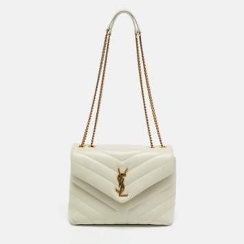 Pre Owned Saint Laurent Off White Matelassé Leather Small Loulou Shoulder Bag