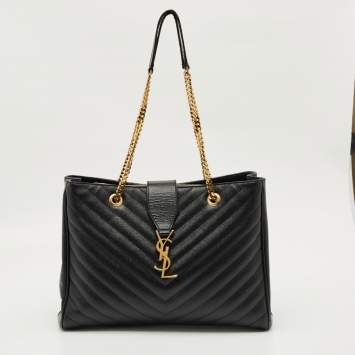 Pre Owned Saint Laurent Black Matelasse Leather Cassandre Shopper Tote
