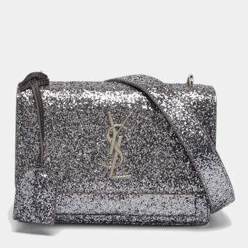 Pre Owned Saint Laurent Silver Glitter Leather Small Sunset Chain Shoulder Bag