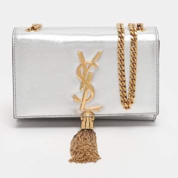 Pre Owned Saint Laurent Paris Silver Metallic Leather Small Kate Shoulder Bag