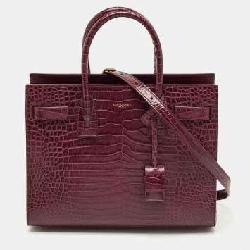 Pre Owned Saint Laurent Burgundy Croc Embossed Leather Baby Sac de Jour Tote