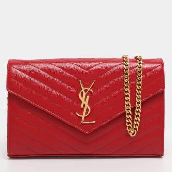 Pre Owned Saint Laurent Red Matelassé Leather Cassandre Wallet on Chain