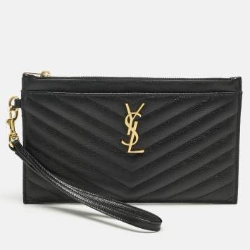 Pre Owned Saint Laurent Black Matelassé Leather Monogram Wristlet Pouch