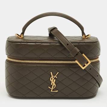 Pre Owned Saint Laurent Olive Green Quilted Leather Mini Gaby Vanity Bag