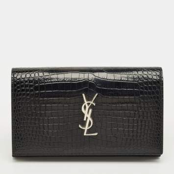مملوكة مسبقًا Saint Laurent Black Croc Embossed Leather Kate Clutch