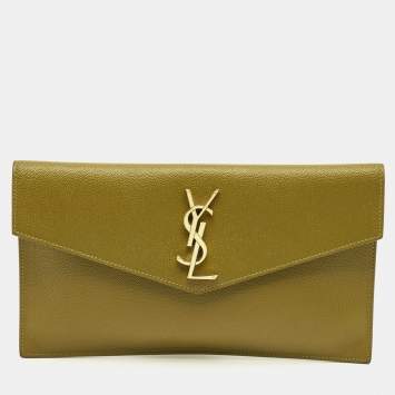 Pre Owned Saint Laurent Olive Green Leather Uptown Clutch